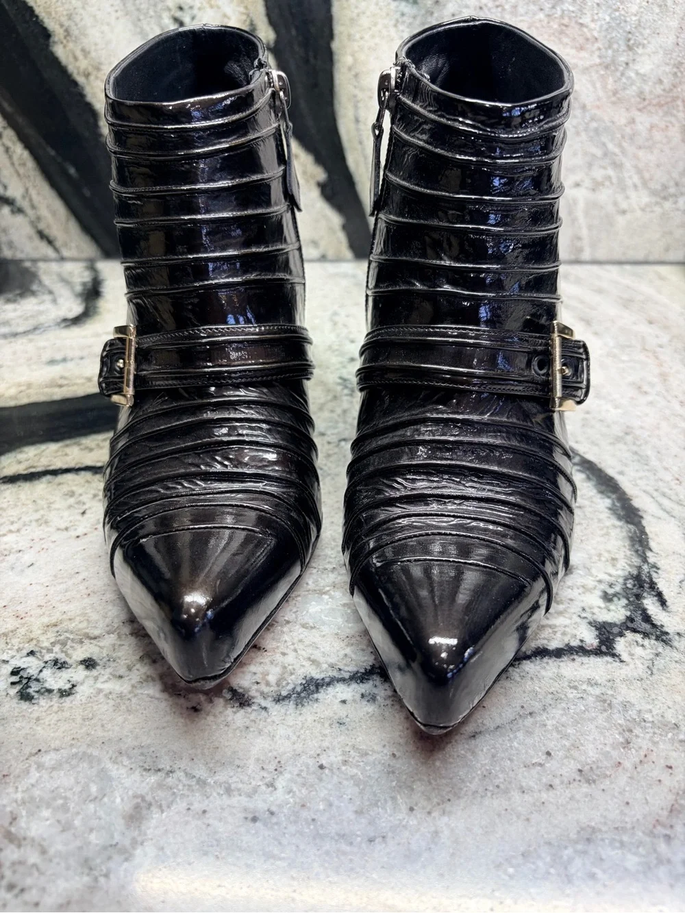 Silvano Lattanzi Black Patent Leather Buckle Ankle Boots Heels Size 38 Italy